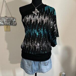 Trixxi Black and blue sequin one shoulder top